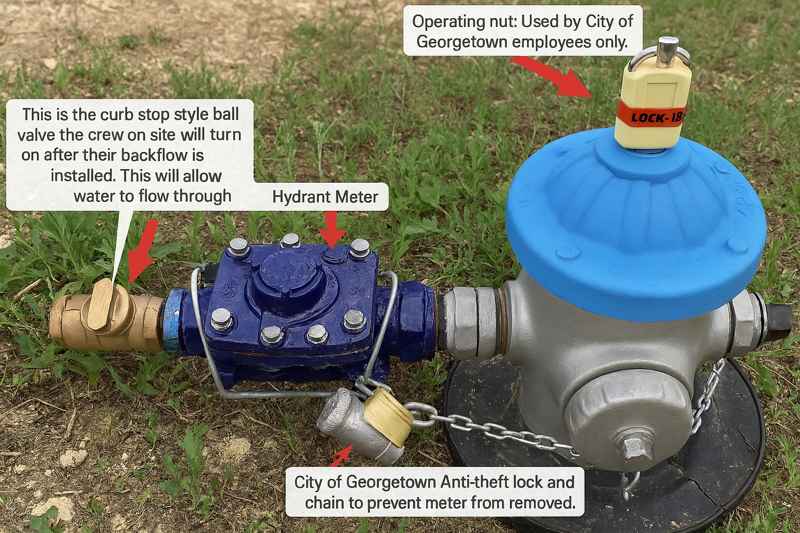 The image shows a fire hydrant connected to a meter assembly. The setup includes a locked operating nut on top of the hydrant, a blue hydrant meter attached to the outlet, a backflow preventer, and a ball valve located near the curb stop. Chains and locks are visible to prevent tampering.